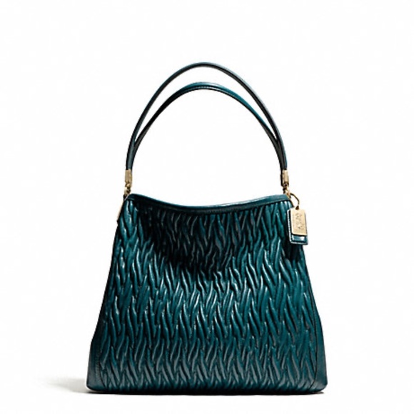 Coach Madison Gathered Twist Small Phoebe Shoulder Bag Leather Dark Teal NWT New - Picture 1 of 15
